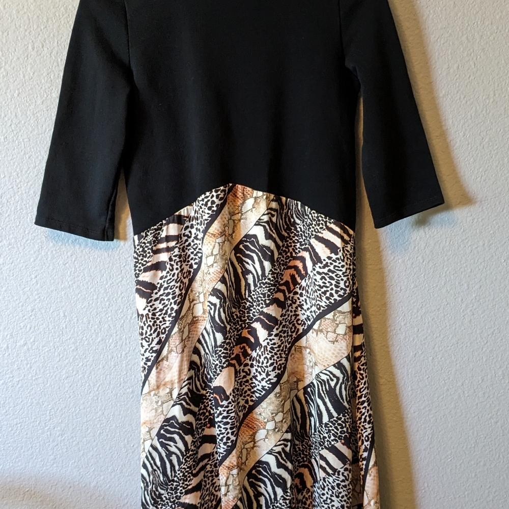Zara Satin Animal Patch Print Midi Dress Black Brown 3/4 Sleeves A-line Sz M - Picture 9 of 10
